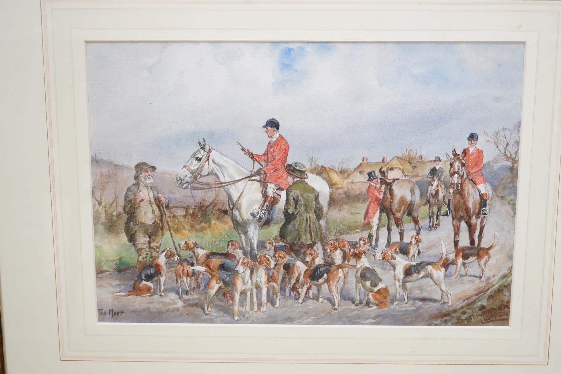 Thomas Ivester Lloyd (1873-1942), set of three watercolours, Hunting scenes with huntsmen on horseback with hounds, each is signed, 22 x 32cm. Condition - fair